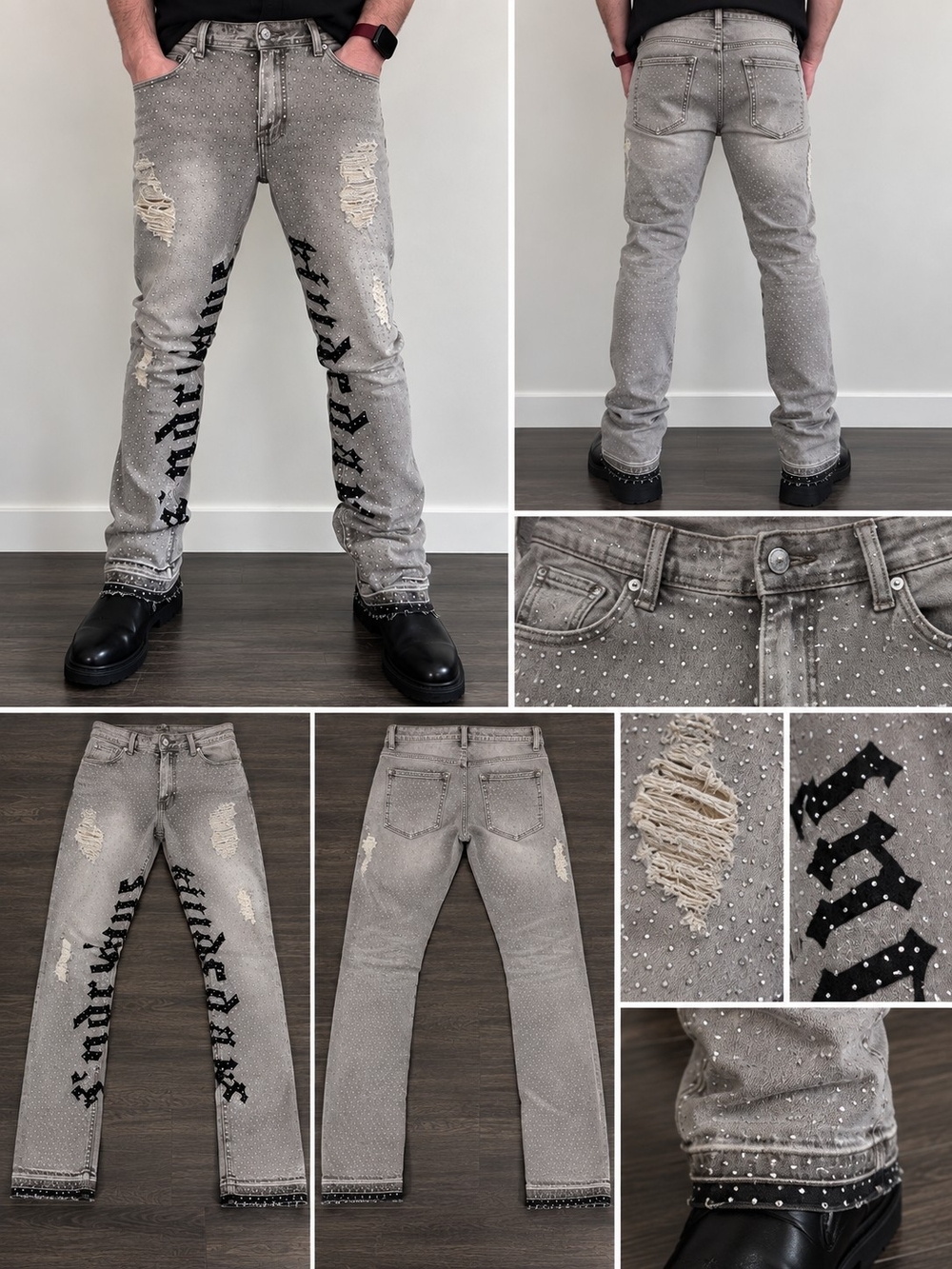 Kindred Los Angeles Gray Rhinestone Distressed Stacked Jeans NWT